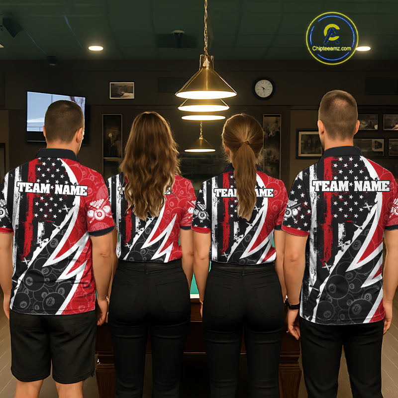Black & Red US Flag 8 Ball Men Billiard Team Shirt Custom Polo & 1/4-Zip Pool Billiard Attire NYN2377
