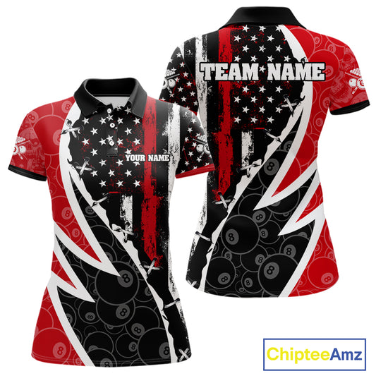 Black & Red US Flag 8 Ball Women Billiard Team Shirt Custom Polo & 1/4-Zip Pool Billiard Attire NYN2377