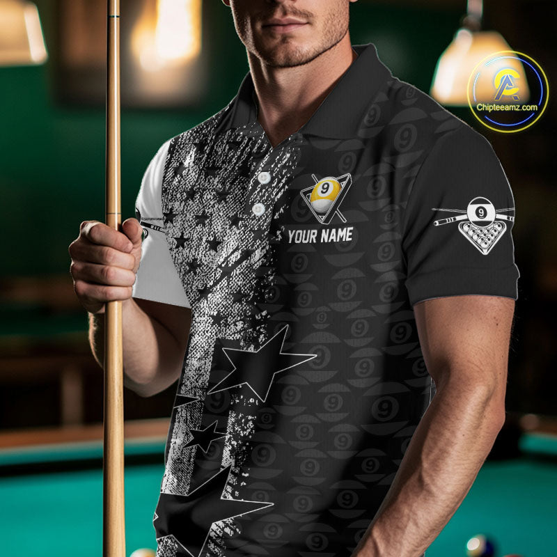 US Flag Grunge 9 Ball Pool Men Billiard Team Shirt Personalized Polo & 1/4-Zip Billiard Gifts NYN2380