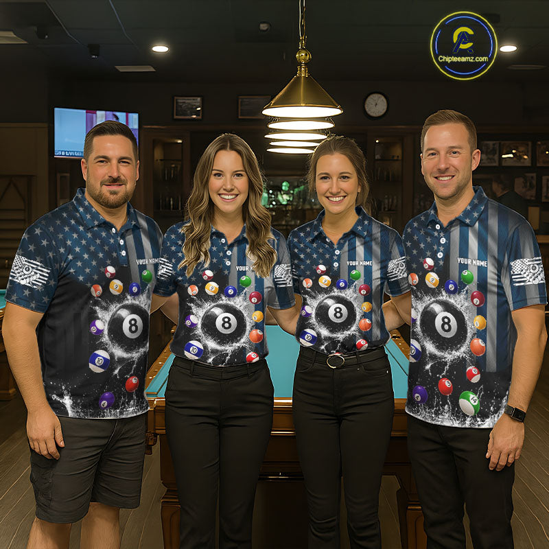 Watering 8 Ball Men Billiard Polo & 1/4-Zip Shirt Custom US Flag Pool Billiard Team Apparel NYN2384