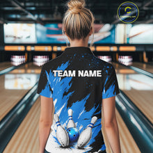 Load image into Gallery viewer, Black, White &amp; Blue Splatter Women Bowling Shirt Custom Grunge Polo Quarter-Zip Bowling Team Jersey NYN3682