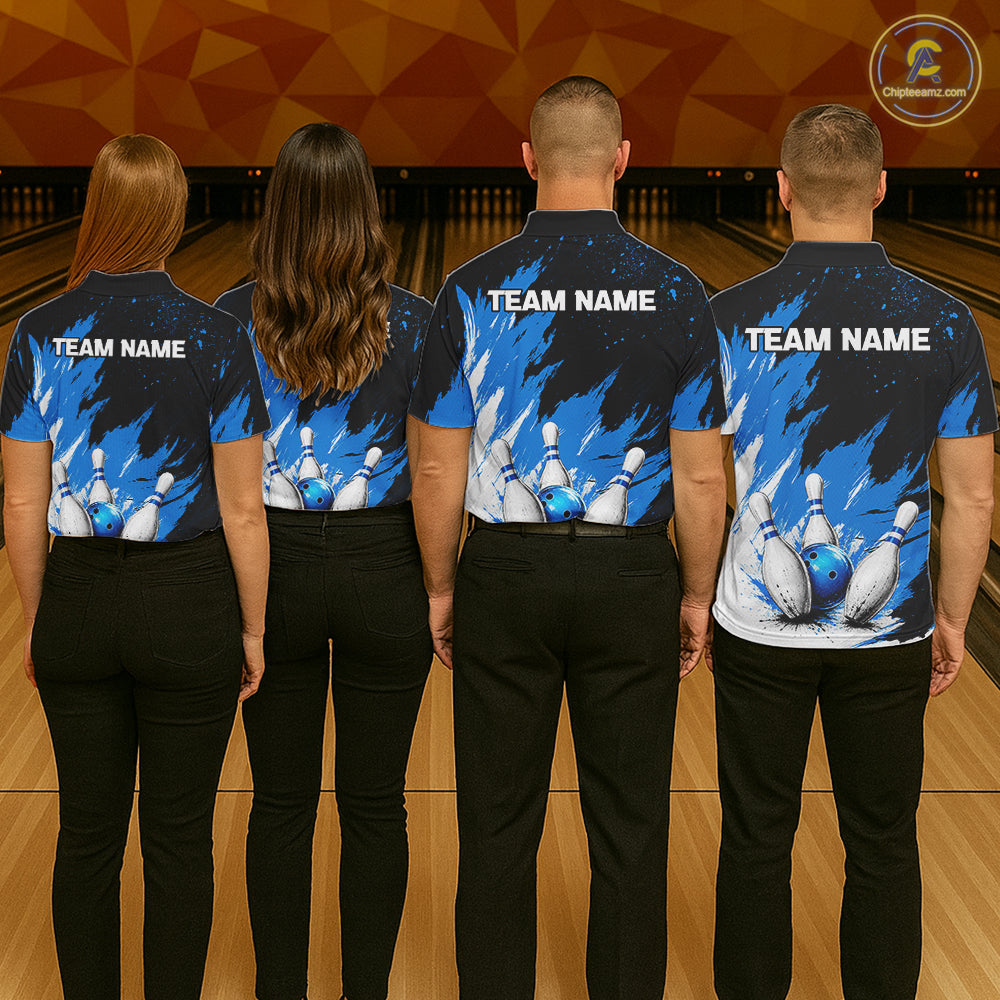 Black, White & Blue Splatter Women Bowling Shirt Custom Grunge Polo Quarter-Zip Bowling Team Jersey NYN3682