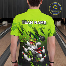 Load image into Gallery viewer, Funny Frog Bowling Ball And Pins Shirt For Men Custom Green Polo Quarter-Zip Bowling Team Attire NYN3685