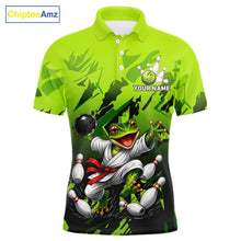 Load image into Gallery viewer, Funny Frog Bowling Ball And Pins Shirt For Men Custom Green Polo Quarter-Zip Bowling Team Attire NYN3685