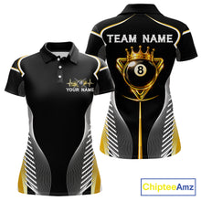 Load image into Gallery viewer, Black &amp; Gold 8 Ball Pool Crown Women Billiard Team Shirt Custom Billiards Balls &amp; Cue Gifts NYN2394