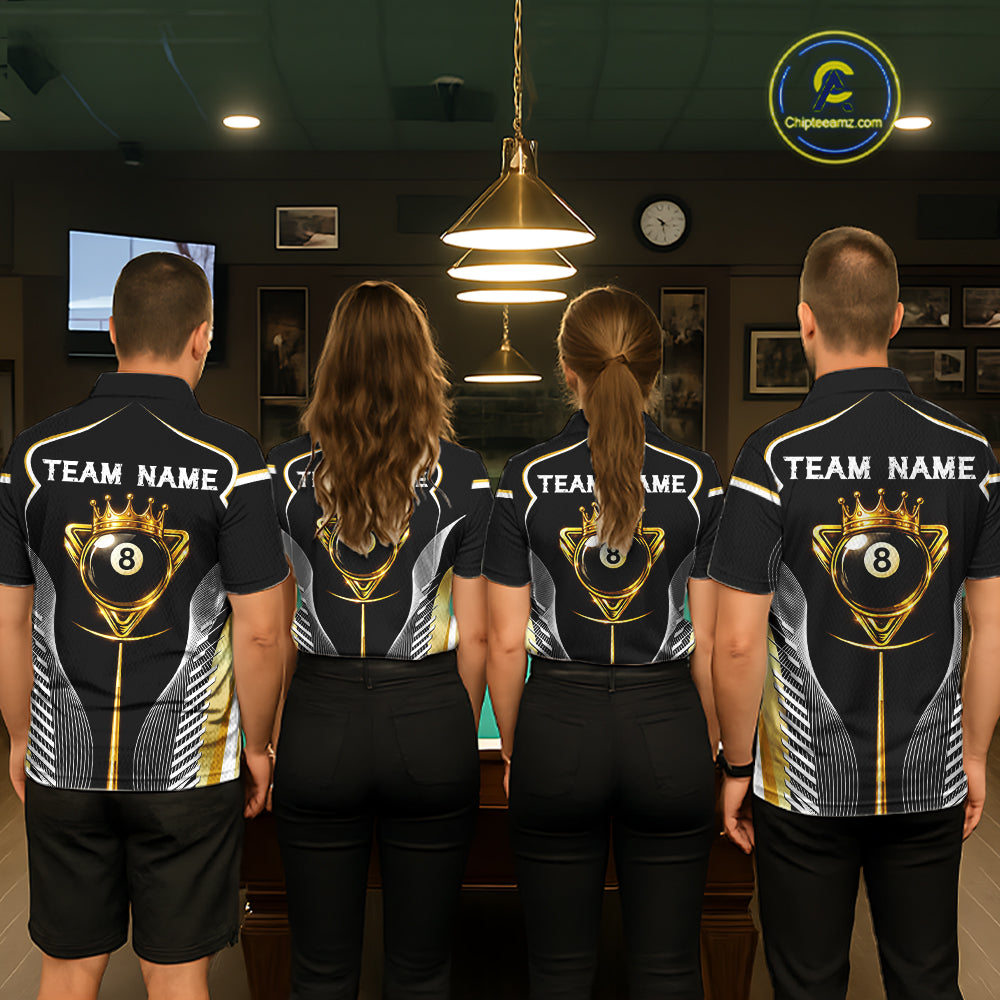 Black & Gold 8 Ball Pool Crown Men Billiard Team Shirt Custom Billiards Balls & Cue Gifts NYN2394