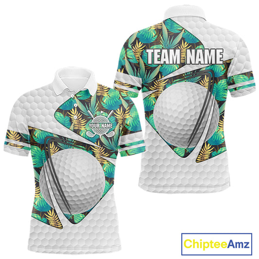 Custom Name Green Tropical Pattern Golf Mens Polo Shirt, Best White Ball Golf Clothing For Mens NYN2992