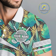 Load image into Gallery viewer, Custom Name Green Tropical Pattern Golf Mens Polo Shirt, Best White Ball Golf Clothing For Mens NYN2992