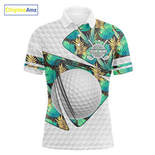 Load image into Gallery viewer, Custom Name Green Tropical Pattern Golf Mens Polo Shirt, Best White Ball Golf Clothing For Mens NYN2992