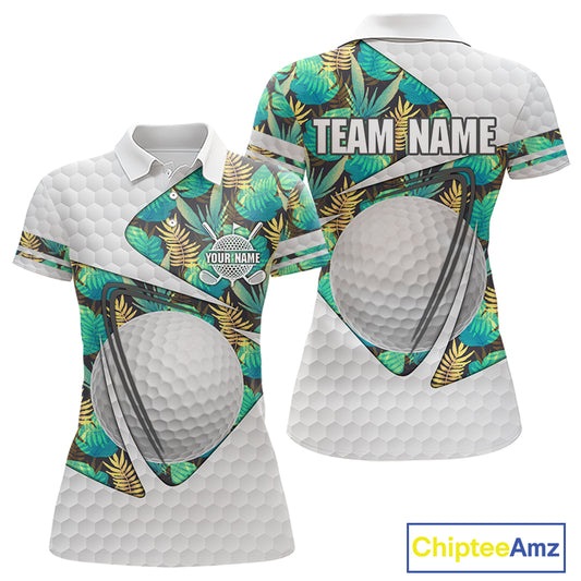 Custom Name Green Tropical Pattern Golf Women Polo Shirt, Best White Ball Golf Clothing For Women NYN2992