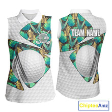 Load image into Gallery viewer, Custom Name Green Tropical Pattern Golf Women Sleeveless Polo Shirt, Best White Ball Golf Clothing For Women NYN2992