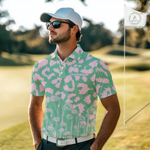 Load image into Gallery viewer, Mens Leopard Pattern Golf Polo Shirts Custom Green Pink Golf Clubs Pattern Attire, Golf Upf Shirts NYN3000