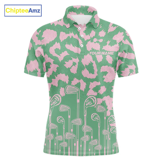 Mens Leopard Pattern Golf Polo Shirts Custom Green Pink Golf Clubs Pattern Attire, Golf Upf Shirts NYN3000
