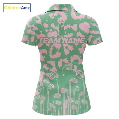 Womens Leopard Pattern Golf Polo Shirts Custom Green Pink Golf Clubs Pattern Attire, Golf Upf Shirts NYN3000