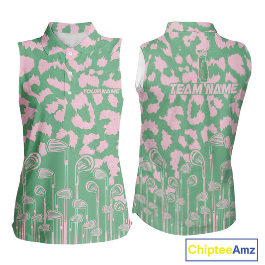 Womens Golf Leopard Pattern Golf Sleeveless Polo Shirts Custom Green Pink Golf Clubs Attire, Golf Upf Shirts NYN3000