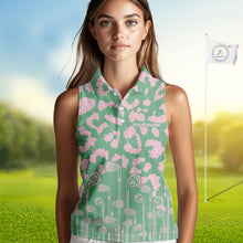 Load image into Gallery viewer, Womens Golf Leopard Pattern Golf Sleeveless Polo Shirts Custom Green Pink Golf Clubs Attire, Golf Upf Shirts NYN3000