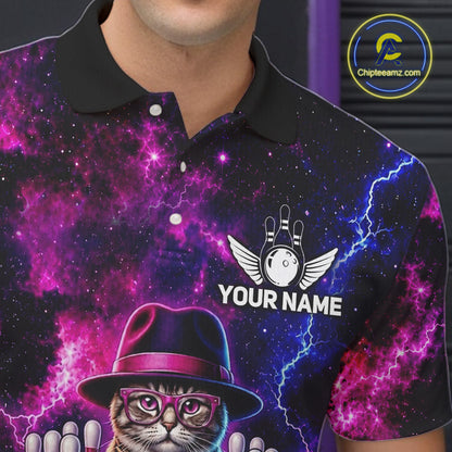 Cool Cat Funny Bowling Polo 1/4-Zip Shirts For Men Custom Galaxy Tornado Bowling Team Jerseys NYN3412
