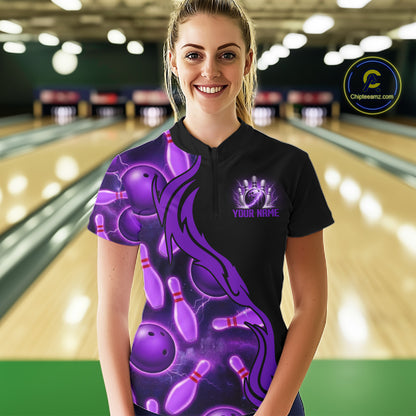 Purple Thunder Custom Womens Bowling Ball & Pin Shirts, Bowling Team Jerseys For Bowlers NYN3418