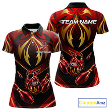 Load image into Gallery viewer, Women's bowling polo featuring red and gold lightning strike graphics with bowling ball, personalized performance apparel for lightning lovers, motorsport fans and tournament bowlers, symbolizing speed, power, momentum and victory.