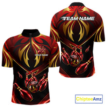 Load image into Gallery viewer, Men's quarter-zip bowling jersey featuring explosive red and gold lightning artwork, breathable tournament apparel symbolizing competitive spirit, ambition and fearless performance.