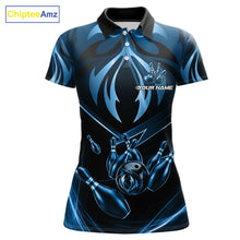 Load image into Gallery viewer, Women's bowling polo featuring blue lightning strike graphics, personalized bowling shirt for technology lovers, gamers, science enthusiasts and league bowlers, symbolizing focus, intelligence, clarity and discipline.
