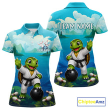 Load image into Gallery viewer, Women's bowling polo featuring funny ocean turtle with bowling graphics, personalized bowling apparel for sea turtle lovers, beach lovers and marine wildlife enthusiasts, symbolizing longevity, patience, wisdom and protection.