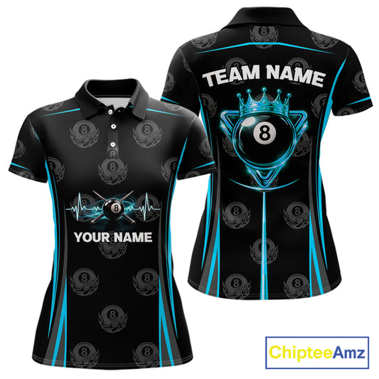 Black & Blue Crown 8 Ball Pool Billiard Apparel For Women Custom Billiard Team Shirt Designs NYN2407