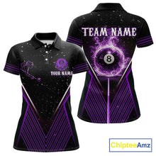 Load image into Gallery viewer, Purple Flames Smoke 8 Ball Pool Women Billiard Polo &amp; 1/4-Zip Attire Custom Billiard Shirt Designs NYN2409