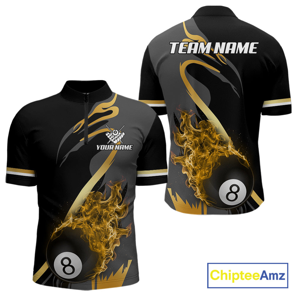 Yellow Black Fire Flame 8 Ball Pool Shirt For Men Personalized Billiard Team Apparel