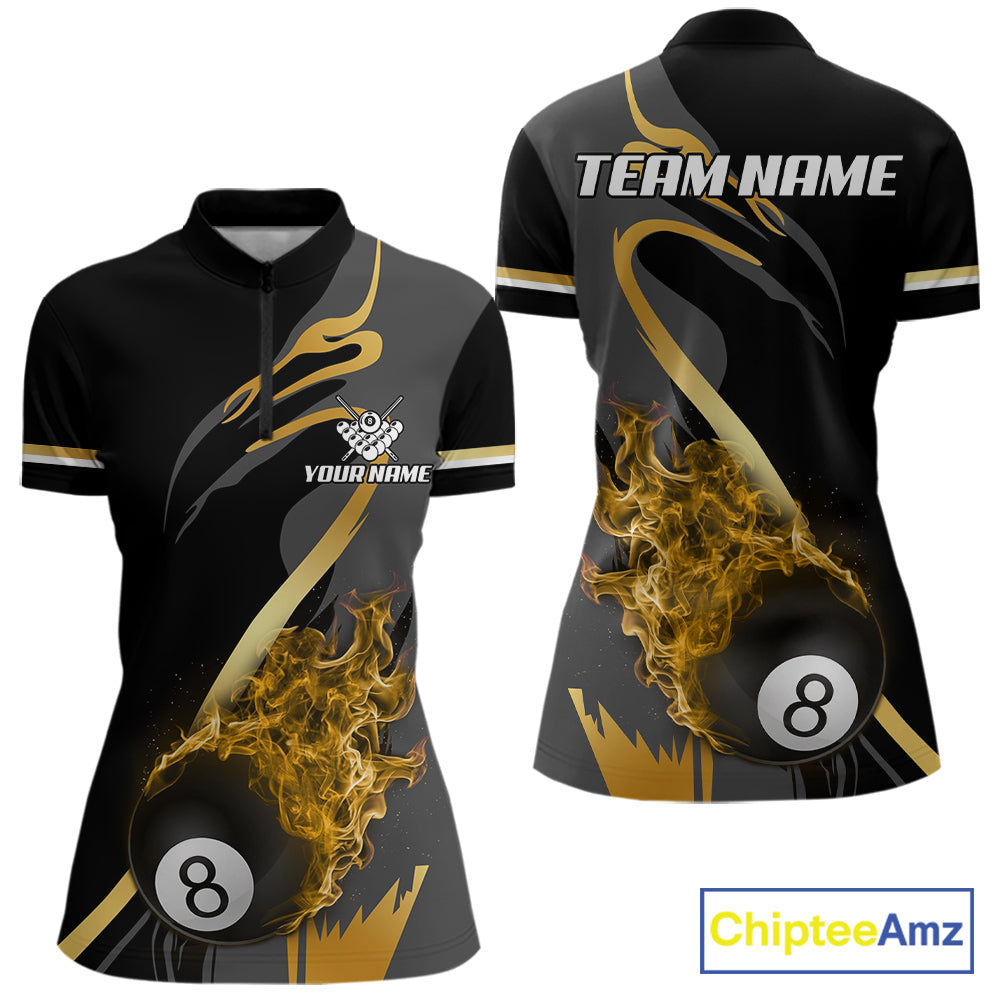 Yellow Black Fire Flame 8 Ball Pool Shirt For Women Personalized Billiard Team Apparel