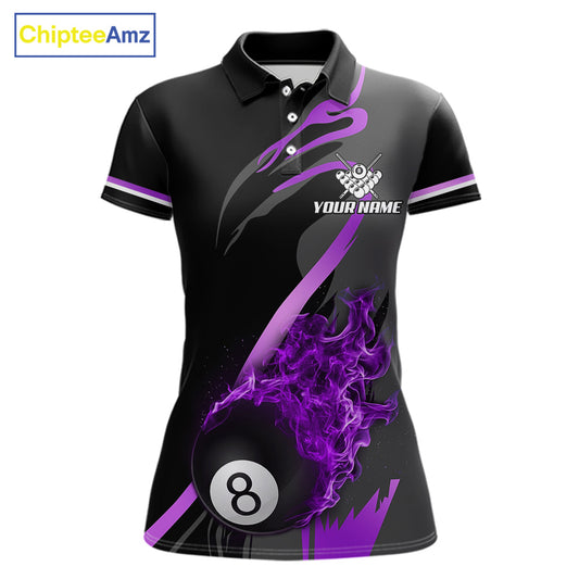 Purple Black Fire Flame 8 Ball Pool Shirt For Women Personalized Billiard Team Apparel