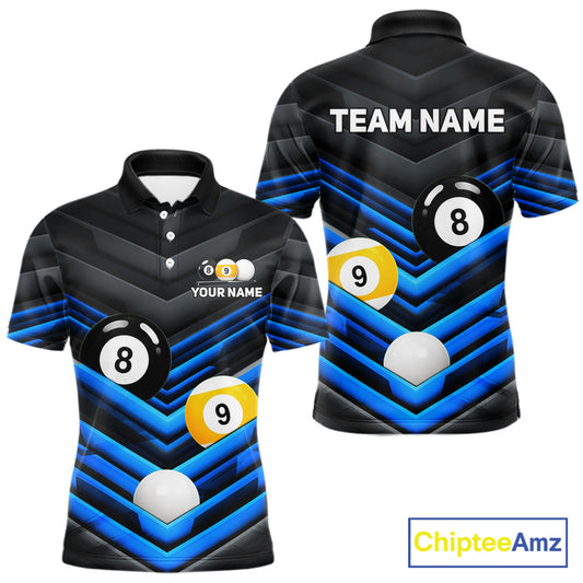 Black Blue men's pool tournament polo jersey featuring 8 Ball 9 Ball graphics, custom billiards team apparel, cue sport championship uniform