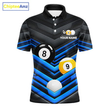 Load image into Gallery viewer, Black Blue men's pool tournament polo jersey featuring 8 Ball 9 Ball graphics, custom billiards team apparel, cue sport championship uniform