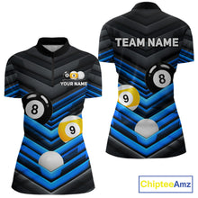 Load image into Gallery viewer, Women's Black Blue quarter zip pool jersey with 8 Ball 9 Ball design, custom billiard tournament shirt, professional cue sports apparel
