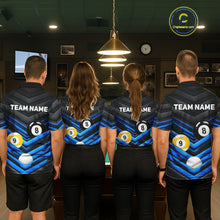 Load image into Gallery viewer, Black Blue matching billiard tournament jerseys for pool teams, custom 8 Ball 9 Ball uniforms, cue sports apparel for championship
