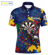 Load image into Gallery viewer, Personalized Eagle Puzzle Pieces men's darts polo with custom name, dartboard graphics, awareness tournament apparel, premium league jersey