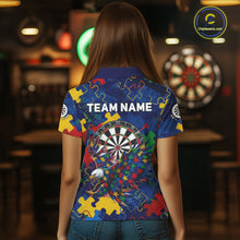 Load image into Gallery viewer, Female model wearing Personalized Eagle Puzzle women's darts polo, custom tournament jersey, personalized awareness athletic clothing, league performance apparel