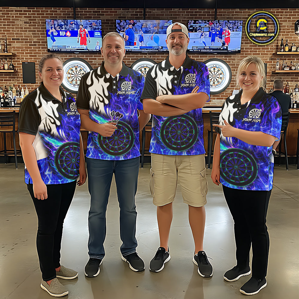 Custom Blue Flaming Dartboard Darts Polo & 1/4-Zip Shirts For Women Fire Dart Team Jerseys NYN2804