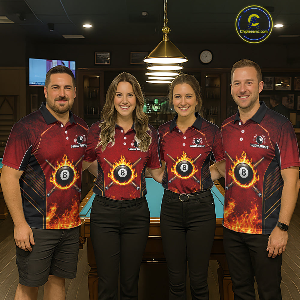 Red Billiard 8 Ball Cue Shirts For Men Custom Fire Flame Pool Team Billiard Polo & 1/4 Zip Jerseys NYN3016