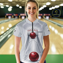 Load image into Gallery viewer, Silver And Red Bowling Custom Bowling Polo &amp; Quarter Zip Team Shirts, Women Bowling Outfit Jersey NYN3021