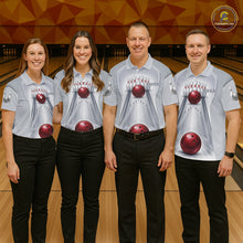 Load image into Gallery viewer, Silver And Red Bowling Custom Bowling Polo &amp; Quarter Zip Team Shirts, Women Bowling Outfit Jersey NYN3021
