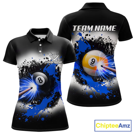 Lightning blue billiard 8 ball and 9 ball shirt for women custom grunge pool team jersey