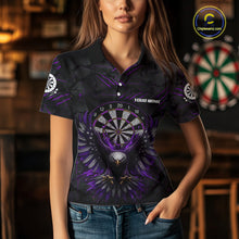 Load image into Gallery viewer, Female model wearing Purple Grunge Eagle Custom Dart Polo, Personalized League Shirt, Professional Tournament Apparel