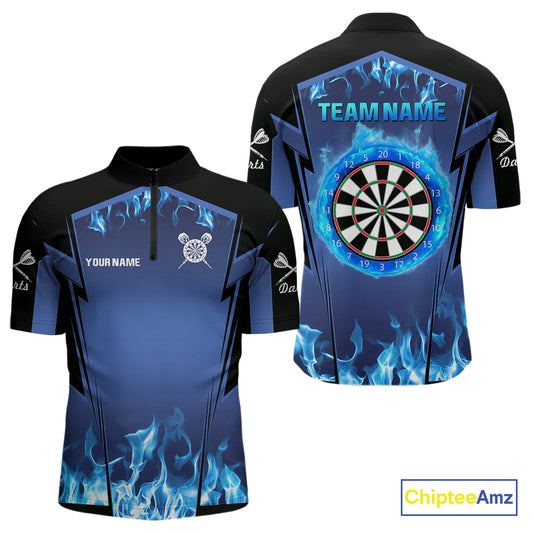 Blue Flaming Dartboard Men's Flaming Darts Shirt - Custom Name For Darts Jersey NYN0481