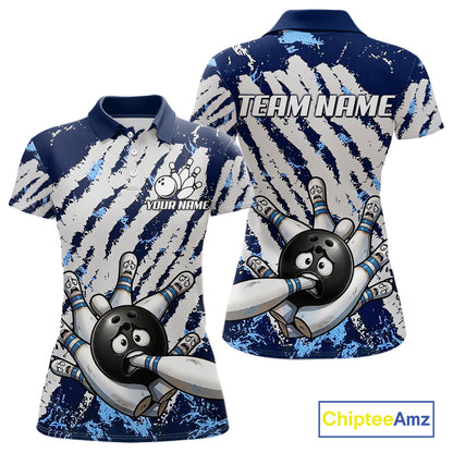 Blue and white grunge bowling ball and pins shirt for women custom bowling team jersey