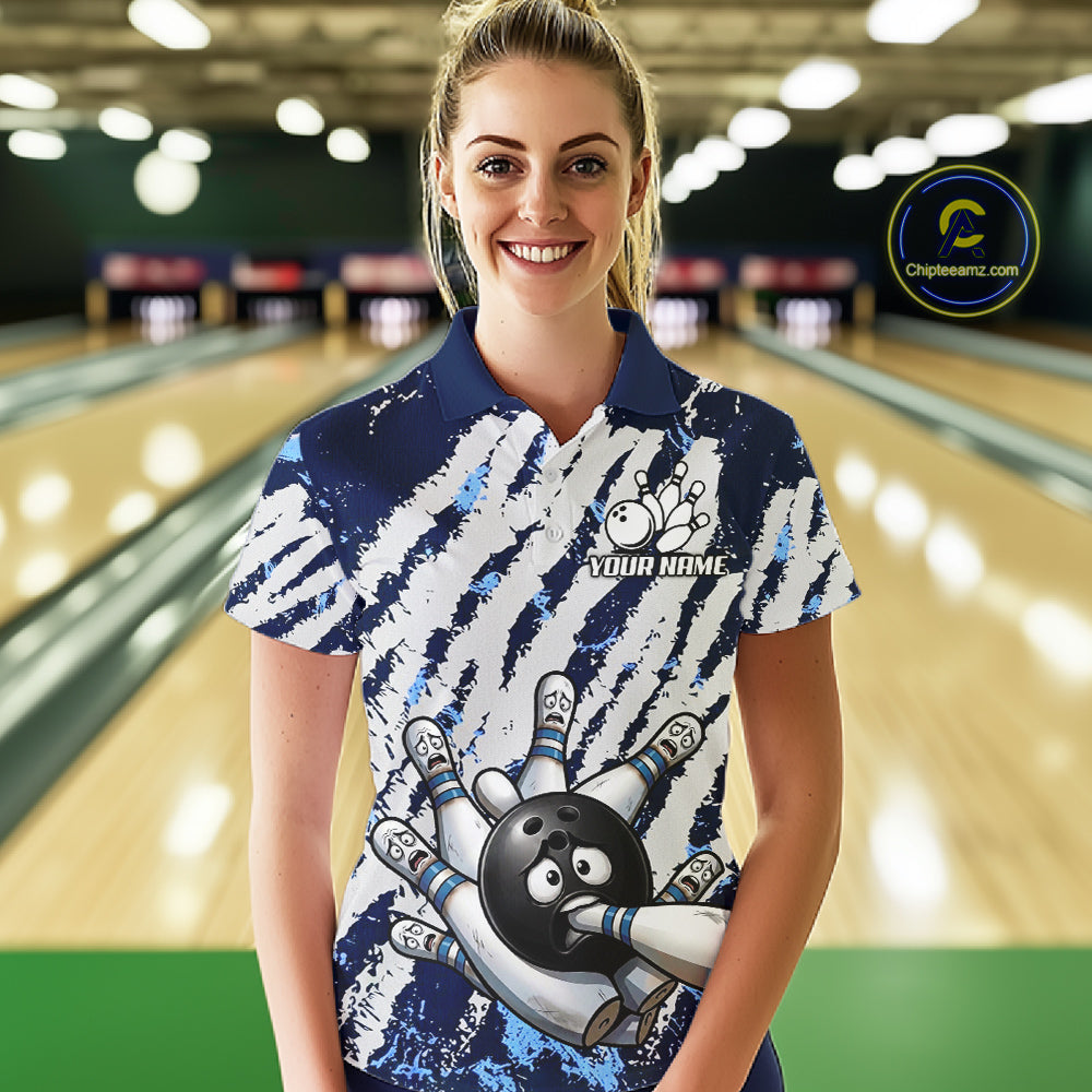 Blue And White Grunge Funny Bowling Ball & Pins Shirts Custom Team Bowling Jerseys For Women NYN3445
