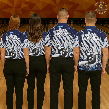 Blue And White Grunge Funny Bowling Ball & Pins Shirts Custom Team Bowling Jerseys For Women NYN3445