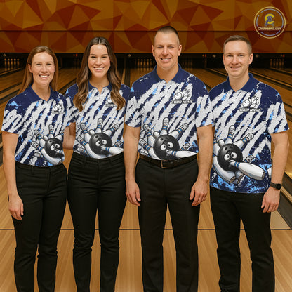 Blue And White Grunge Funny Bowling Ball & Pins Shirts Custom Team Bowling Jerseys For Women NYN3445