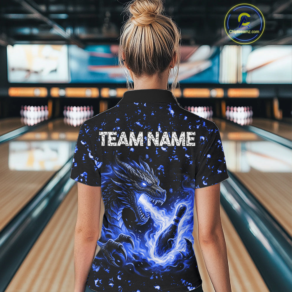 Fire Flame Dragon Bowling Polo Quarter Zip Shirts For Women Custom Team Bowling Jerseys | Blue NYN3451