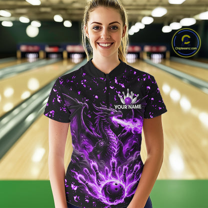 Fire Flame Dragon Bowling Polo Quarter Zip Shirts For Women Custom Team Bowling Jerseys | Purple NYN3452